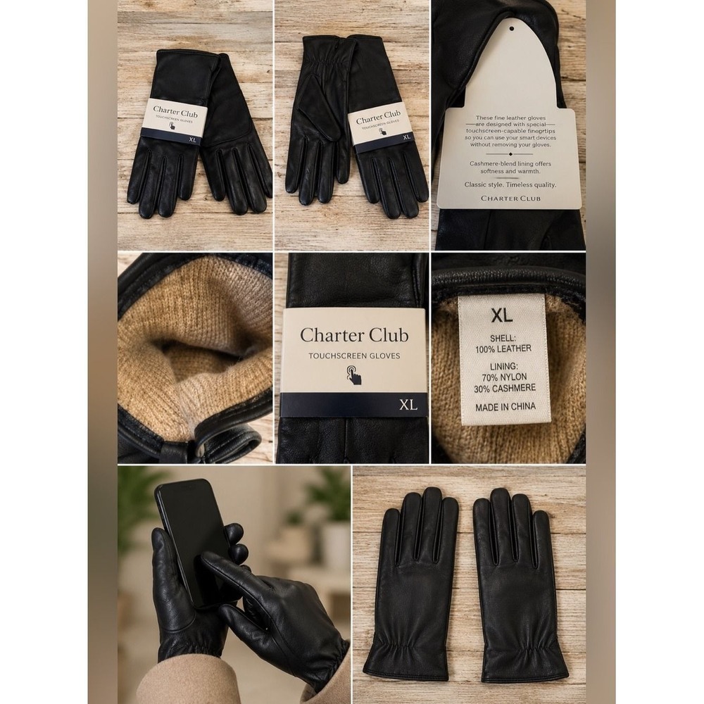 Charter Club Black Leather Touchscreen Gloves XL NEW